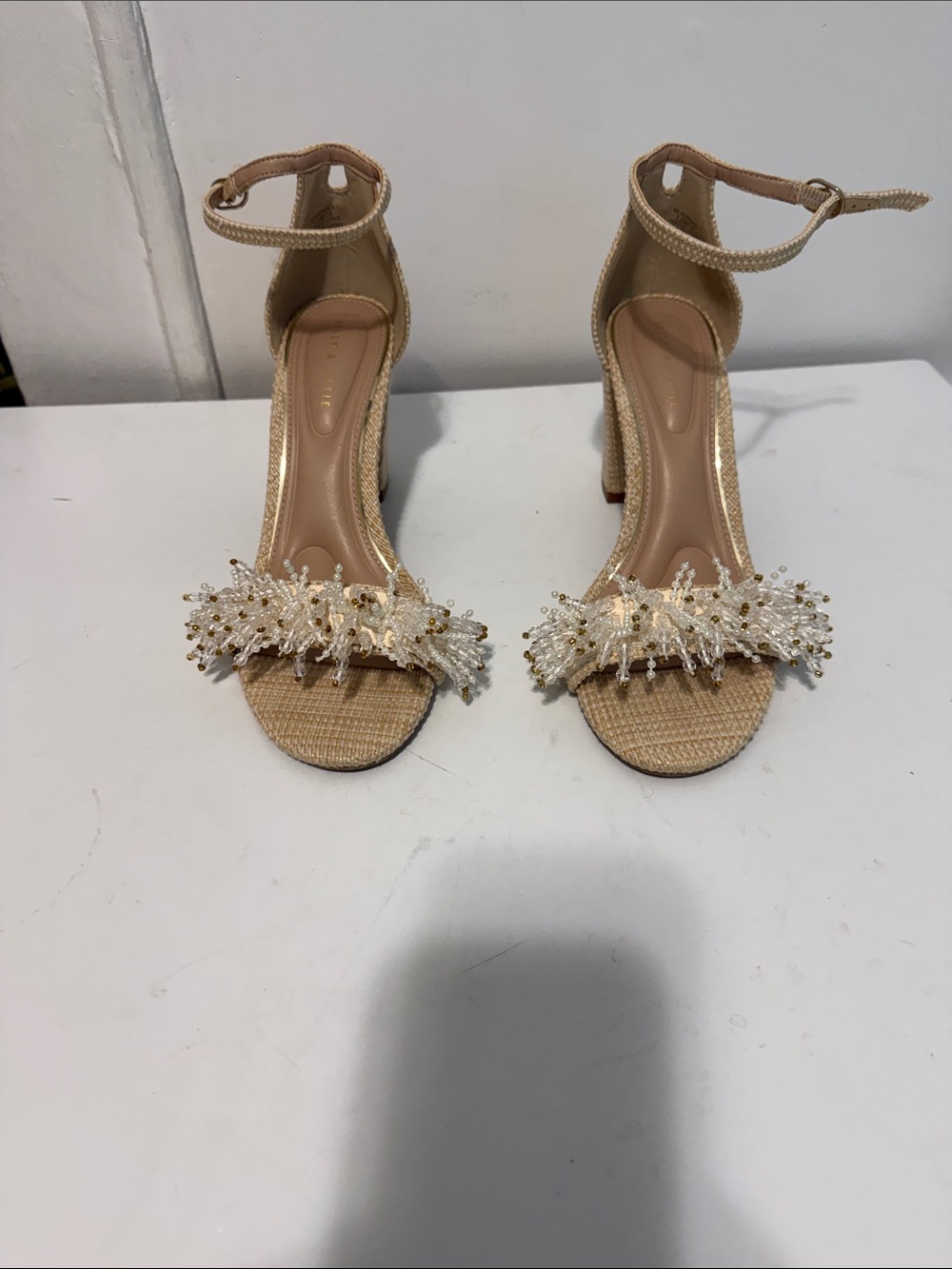 Kelly & Katie Beaded Ankle-Strap Heels in Beige and Gold